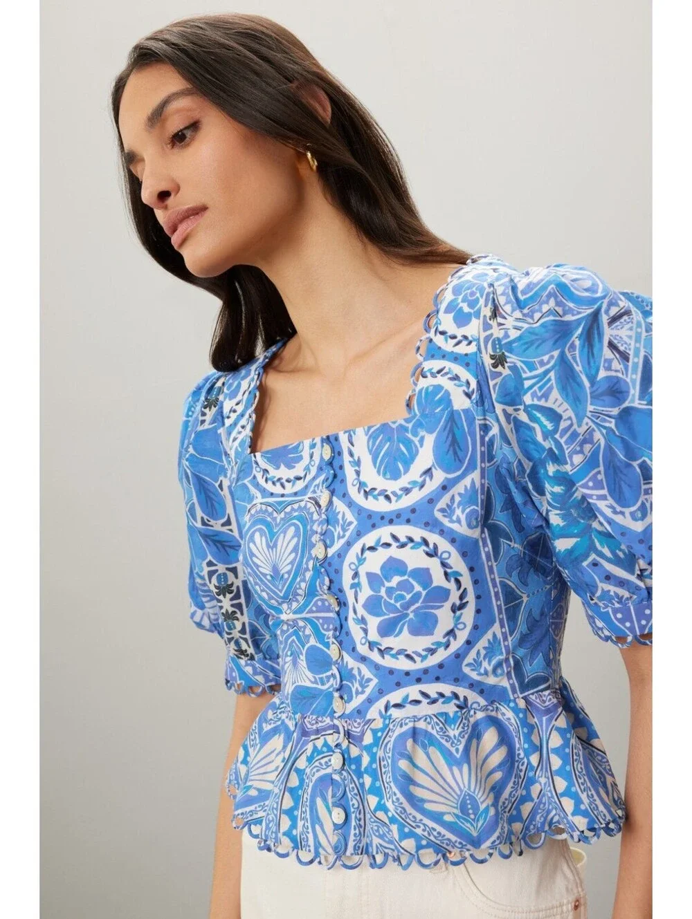 FARM Rio Blue Motif Puff Sleeve Peplum Top XL NWT
